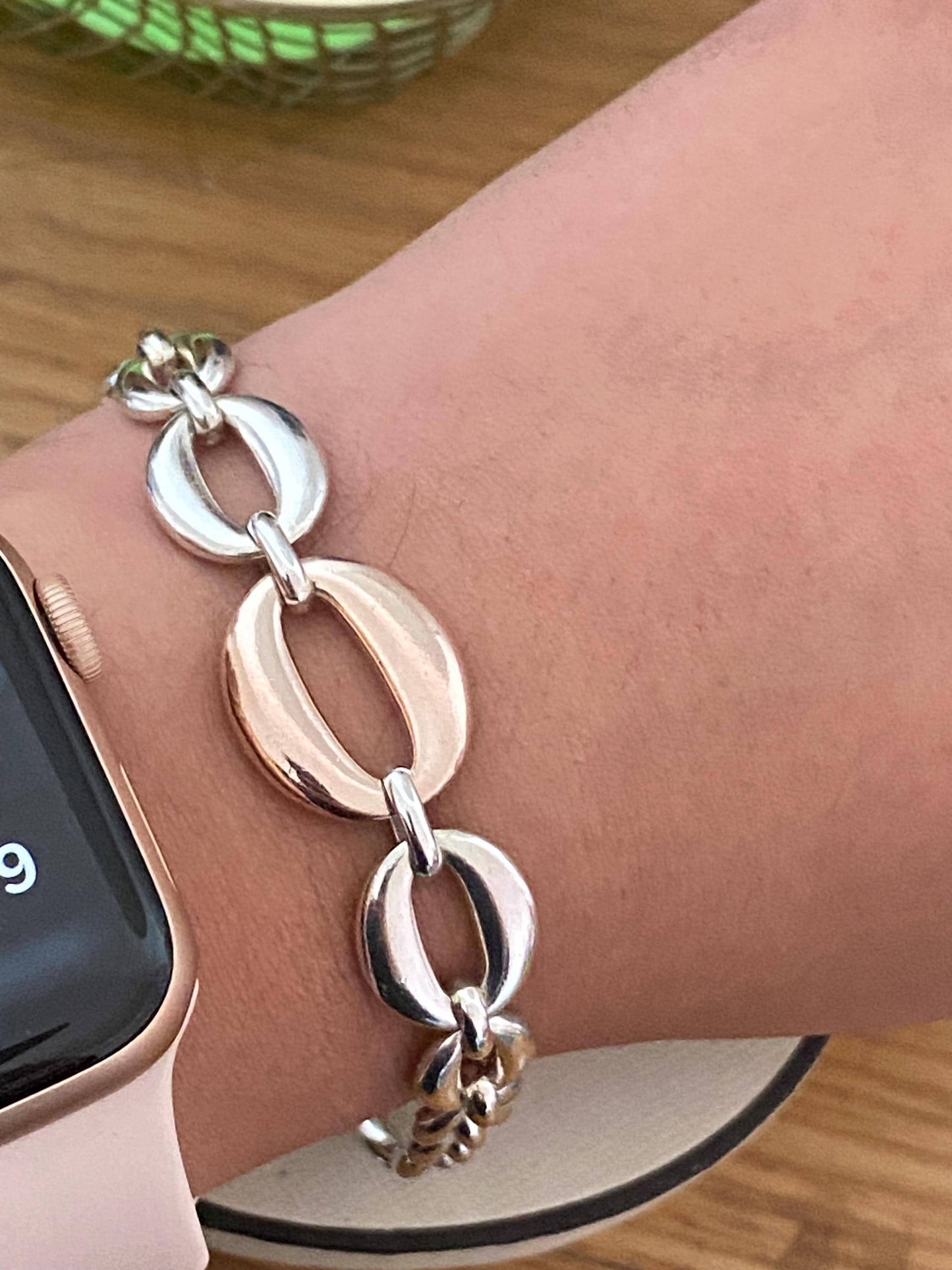 Rare Genuine LINKS OF LONDON Hallmarked open circles Toggle chunky Bracelet, Sterling silver and 18ct rose gold vermeil, 8 inches long