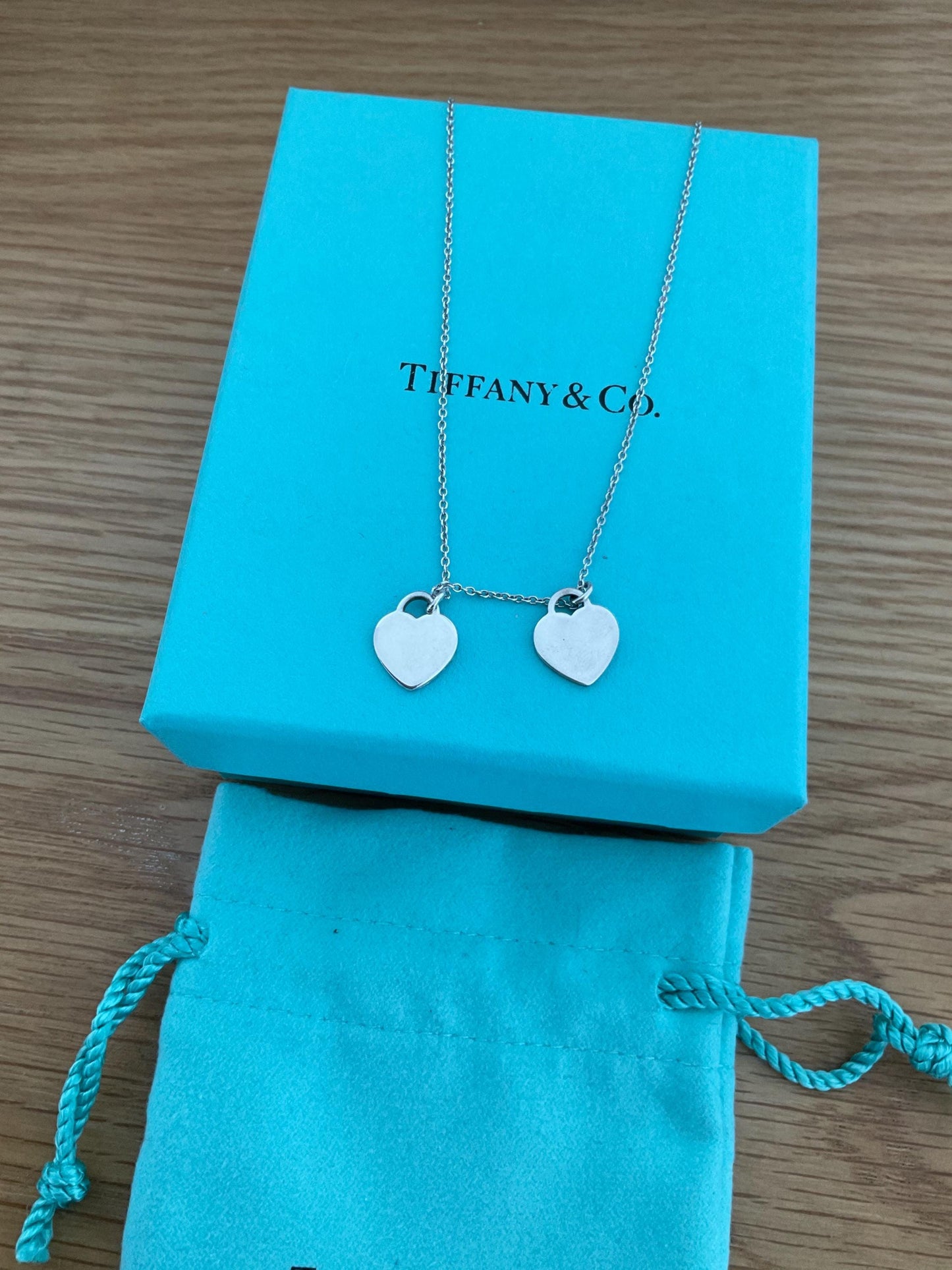 Genuine Tiffany and co double heart blue enamel necklace with box, sterling silver