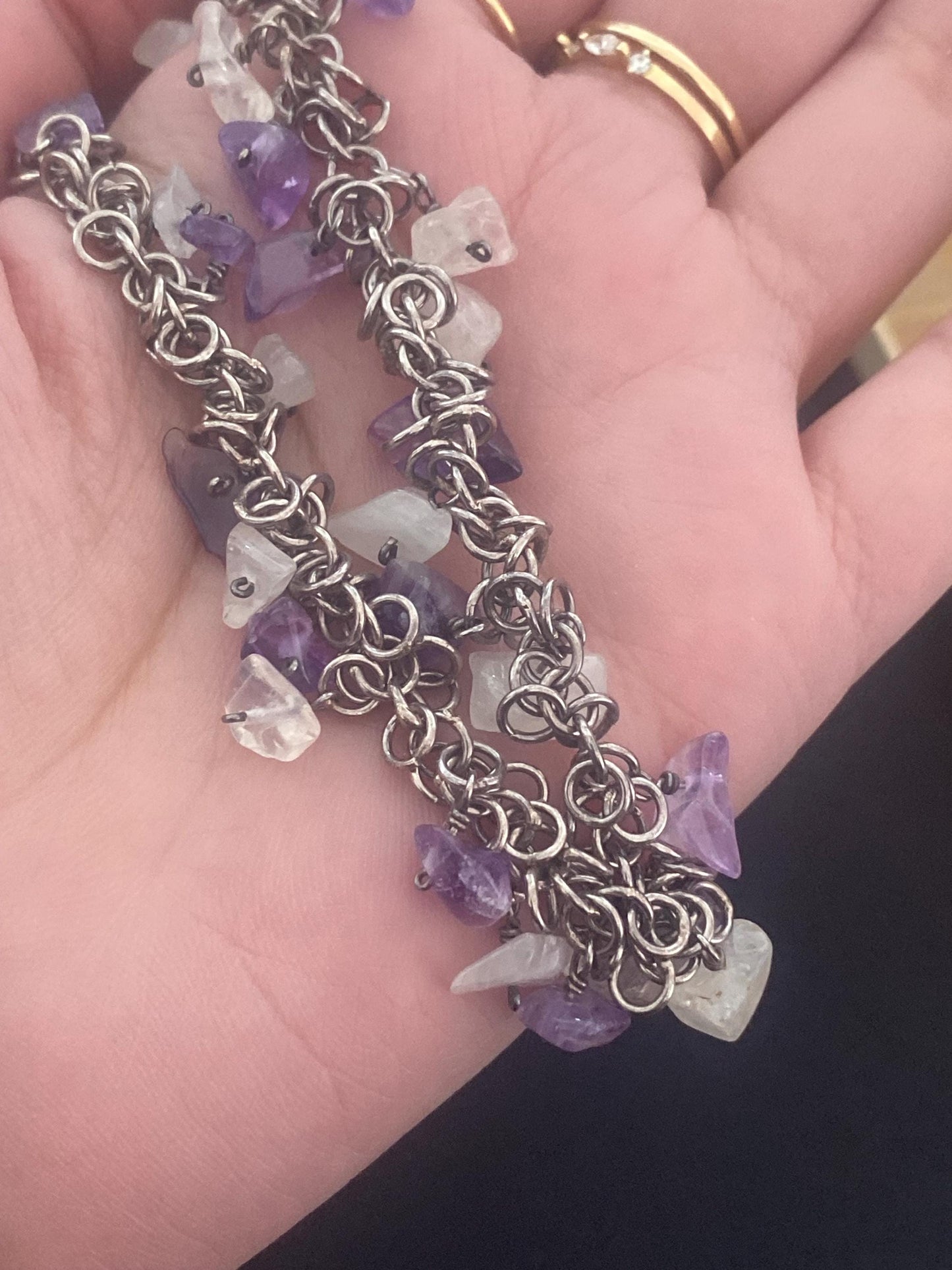 Beautiful vintage very rare links of London toggle necklace with clear and amethyst stones, sterling silver