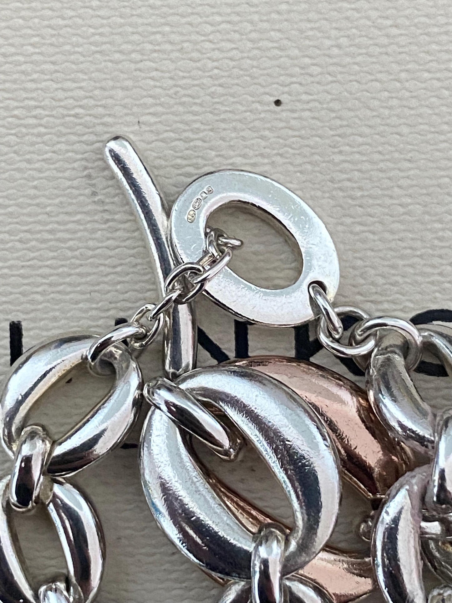 Rare Genuine LINKS OF LONDON Hallmarked open circles Toggle chunky Bracelet, Sterling silver and 18ct rose gold vermeil, 8 inches long