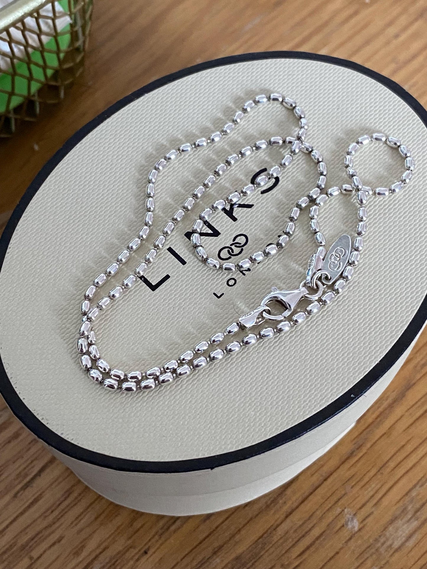 Genuine Links of London Rice Bead Necklace, sterling silver, in box