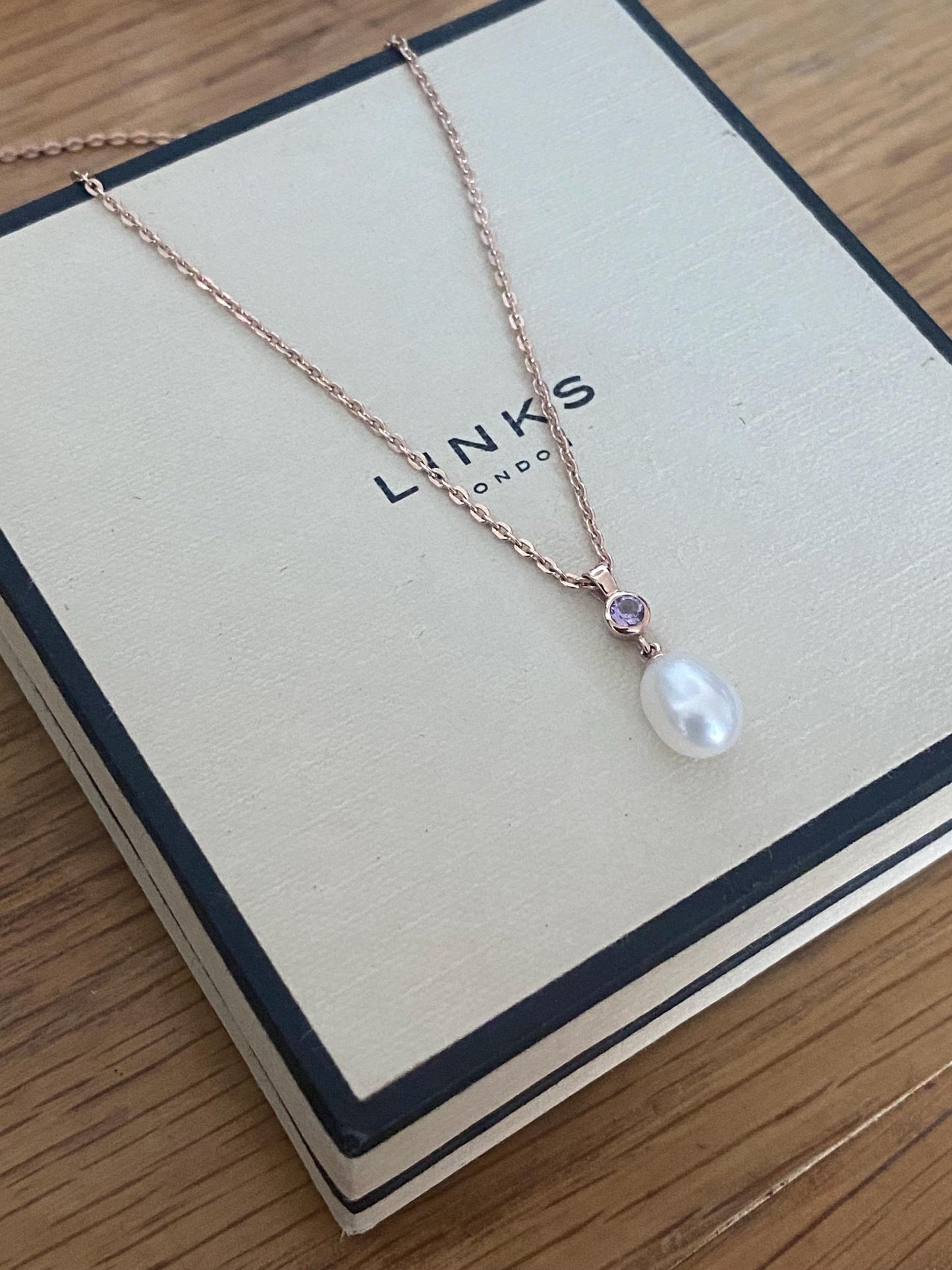 Gorgeous Links of London Necklace with 18ct Gold Vermeil Pearl and amethyst stone pendent