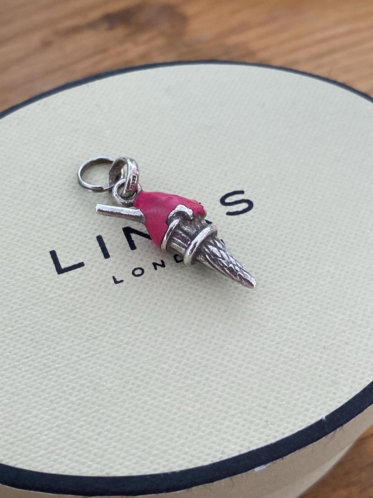 Beautiful genuine rare hallmarked Links of London sterling silver and pink enamel ice cream cone charm