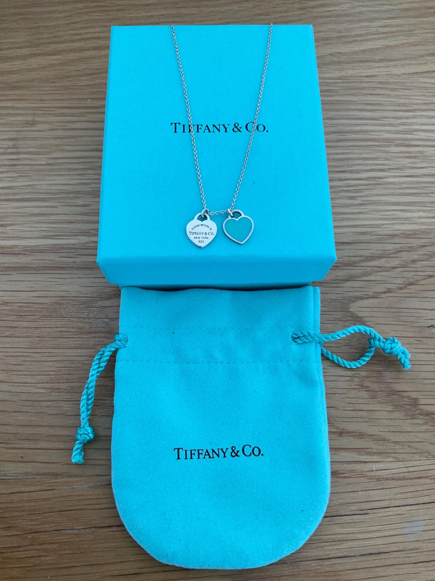 Genuine Tiffany and co double heart blue enamel necklace with box, sterling silver