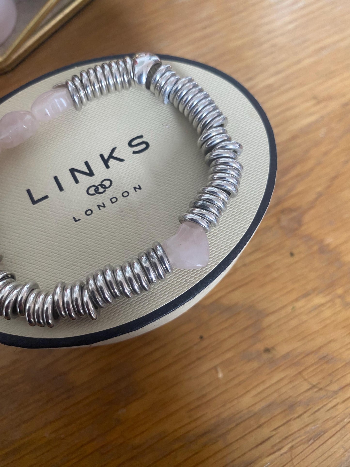 Beautiful Links of London sweetie bracelet with rose quartz hearts, sterling silver, assay hallmarked