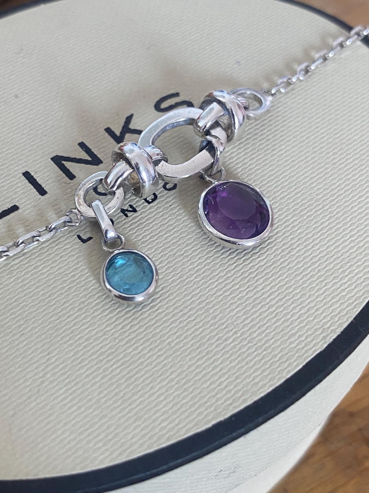 Rare vintage Genuine LINKS OF LONDON Hallmarked Silver anethyst and sapphire drop gem Bracelet With Box