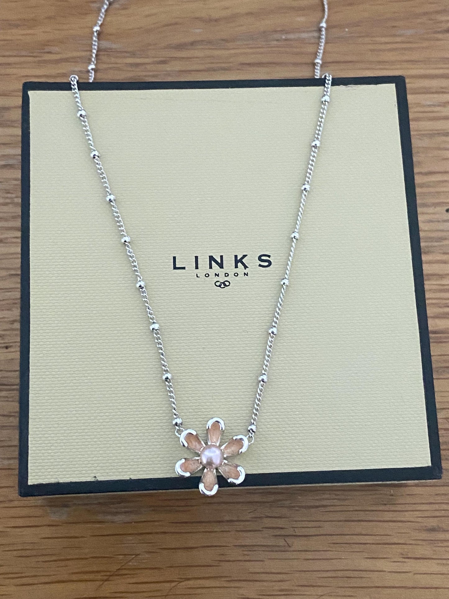 Very rare Links of London Night Time Garden Flower pearl sterling silver and enamel necklace with box