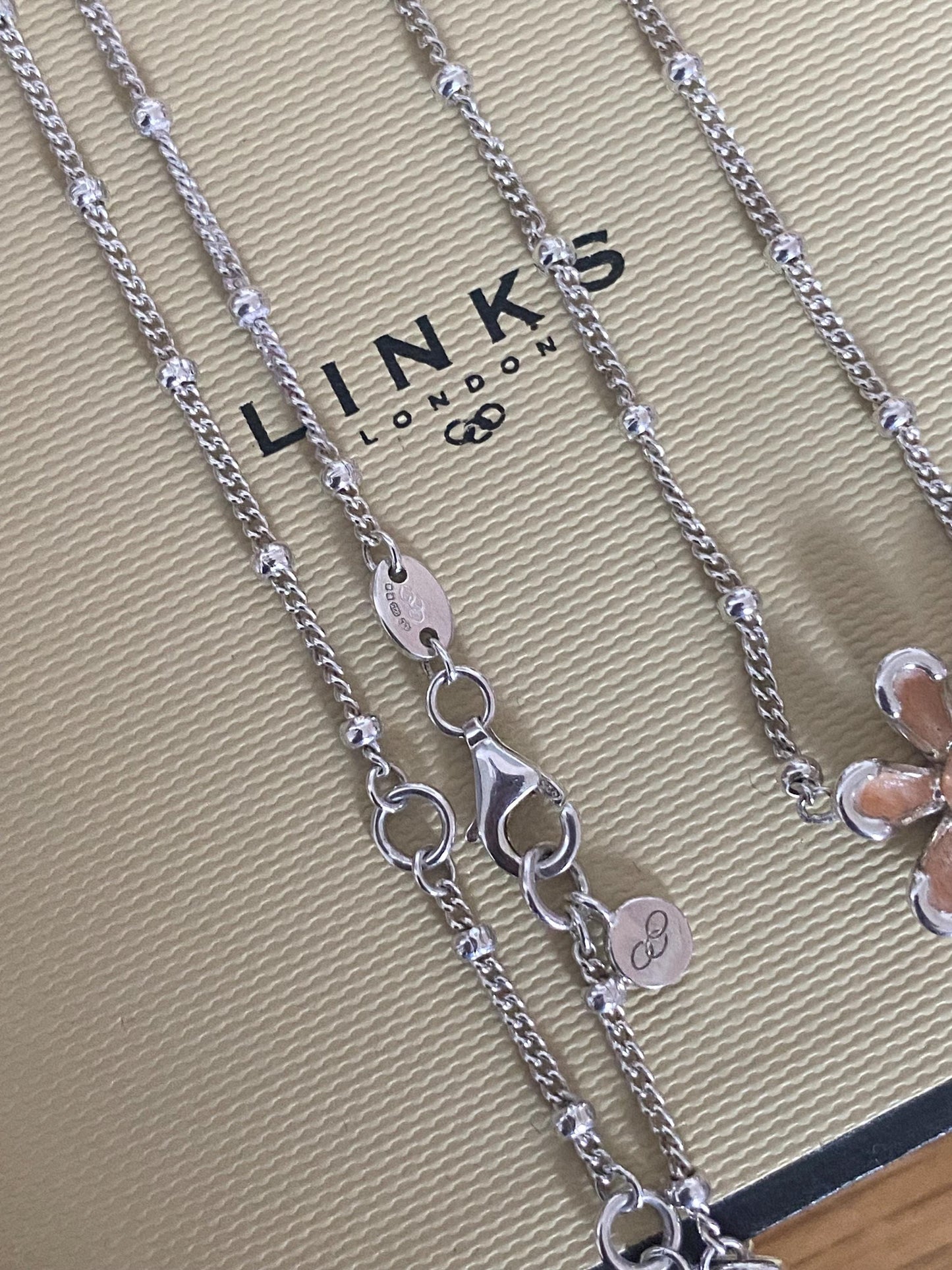 Very rare Links of London Night Time Garden Flower pearl sterling silver and enamel necklace with box