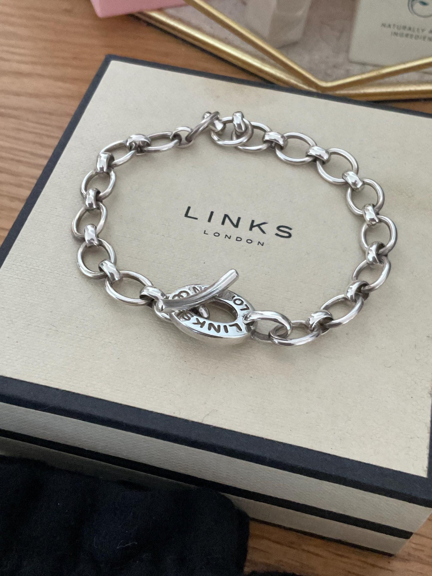 Rare Genuine LINKS OF LONDON Hallmarked Silver Toggle Logo Bracelet, 8 inches long