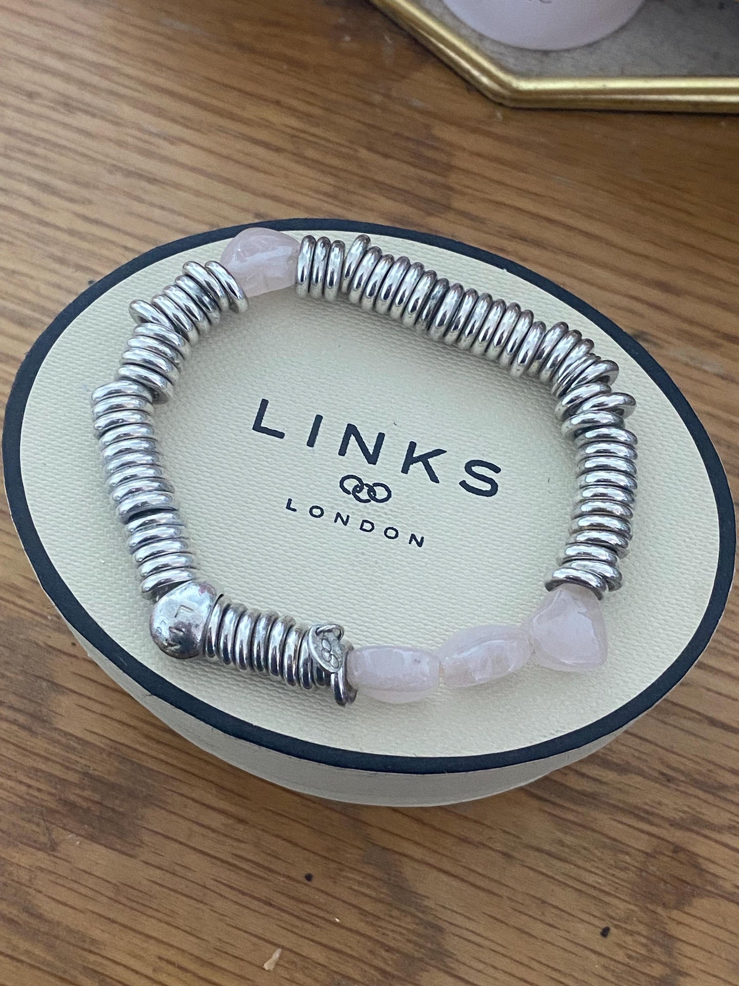 Beautiful Links of London sweetie bracelet with rose quartz hearts, sterling silver, assay hallmarked