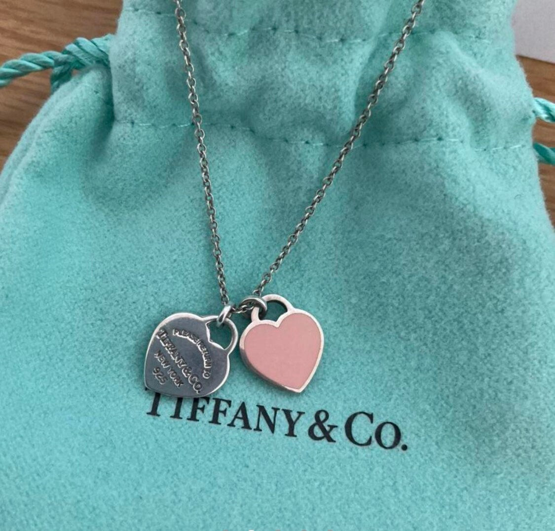 Tiffany and co double heart pink genuine necklace with box
