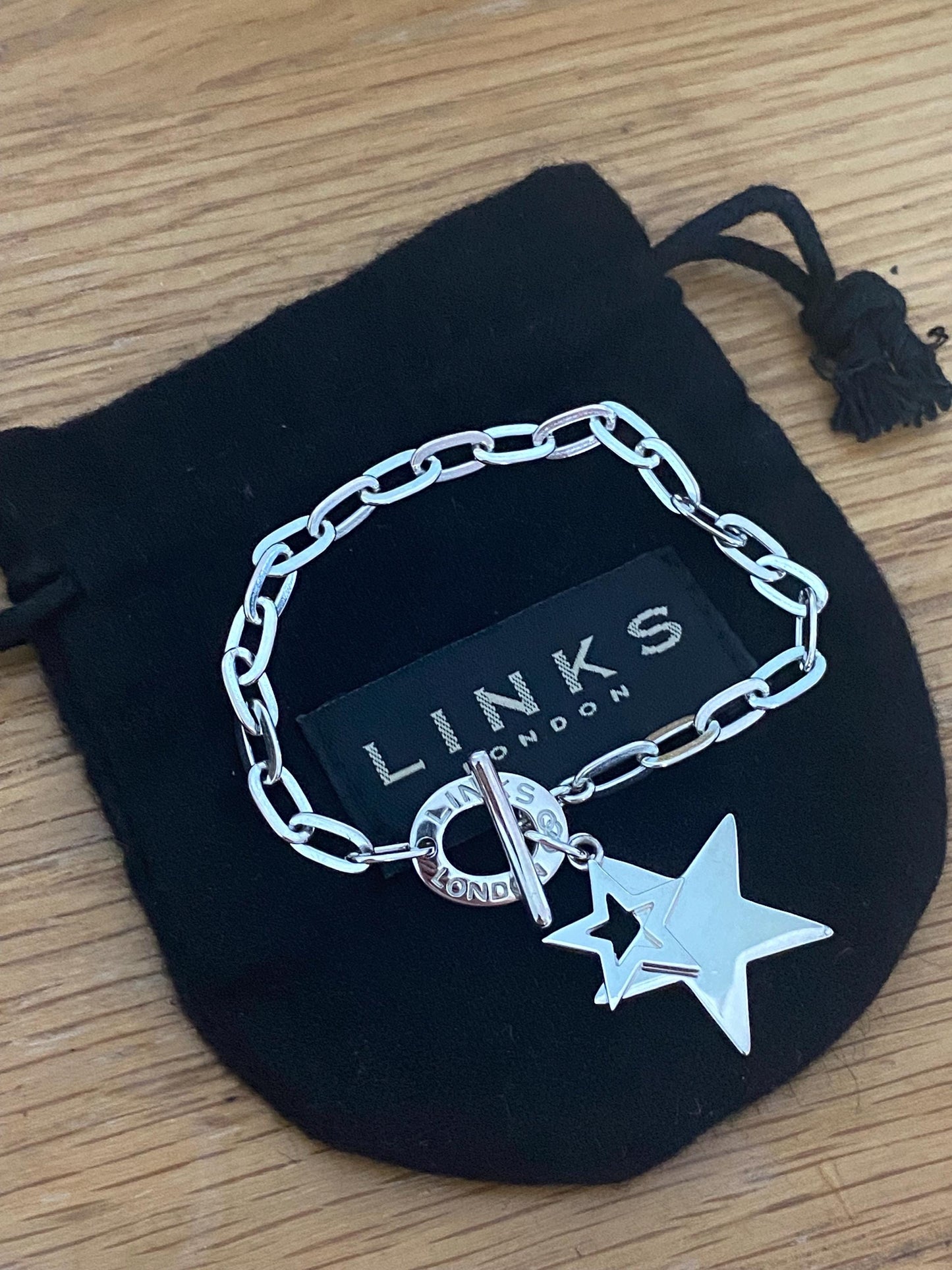 Rare Genuine LINKS OF LONDON Hallmarked Silver Toggle Logo Bracelet with star charm