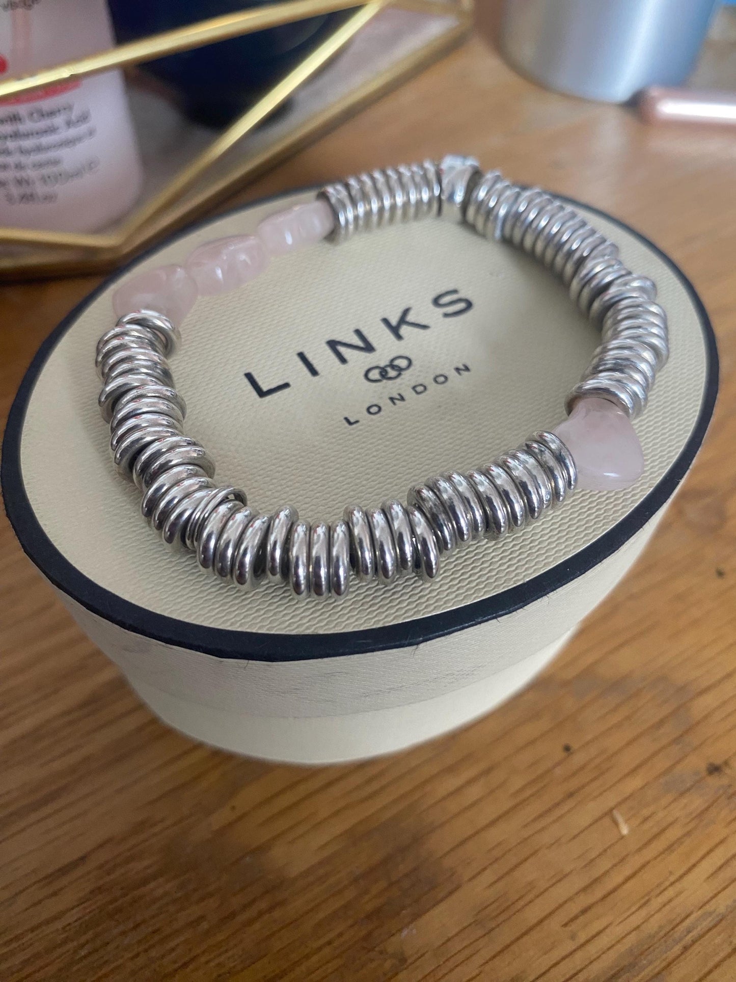 Beautiful Links of London sweetie bracelet with rose quartz hearts, sterling silver, assay hallmarked