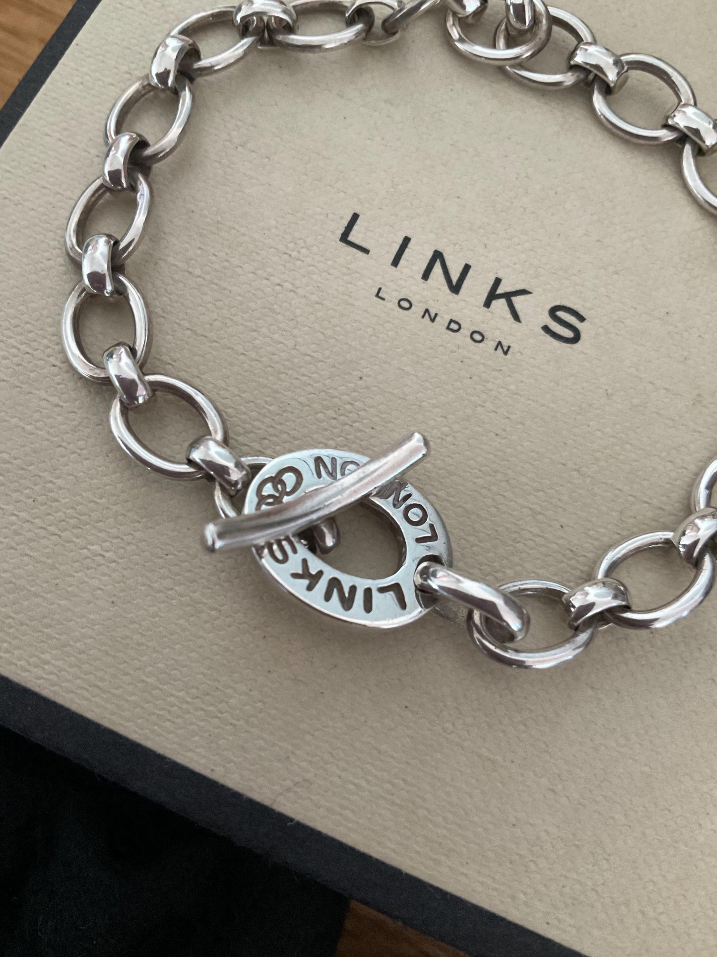 Rare Genuine LINKS OF LONDON Hallmarked Silver Toggle Logo Bracelet, 8 inches long