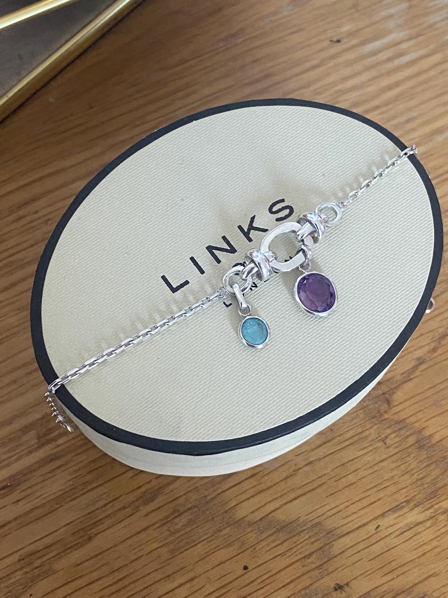 Rare vintage Genuine LINKS OF LONDON Hallmarked Silver anethyst and sapphire drop gem Bracelet With Box
