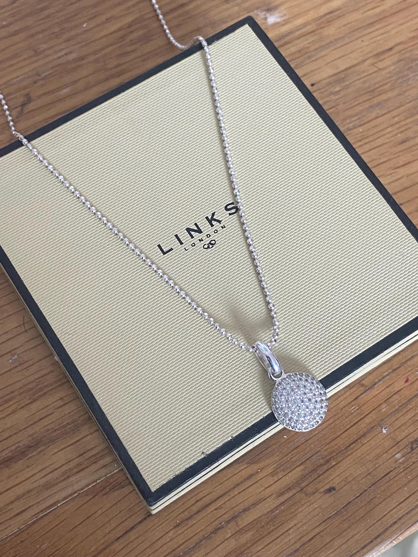 Beautiful vintage rare links of London pave circle necklace with clear sparkling topaz stones, sterling silver, with box