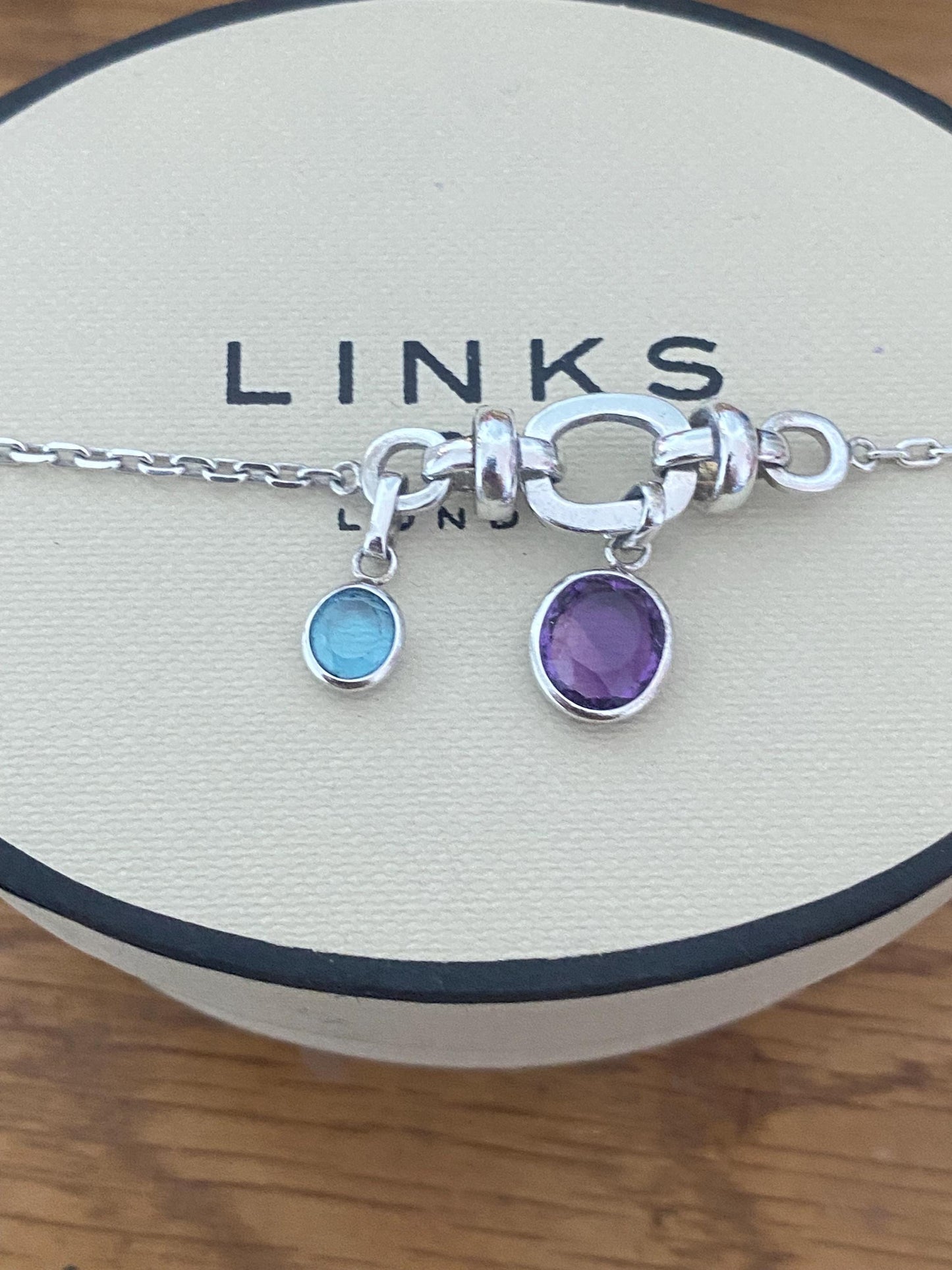 Rare vintage Genuine LINKS OF LONDON Hallmarked Silver anethyst and sapphire drop gem Bracelet With Box