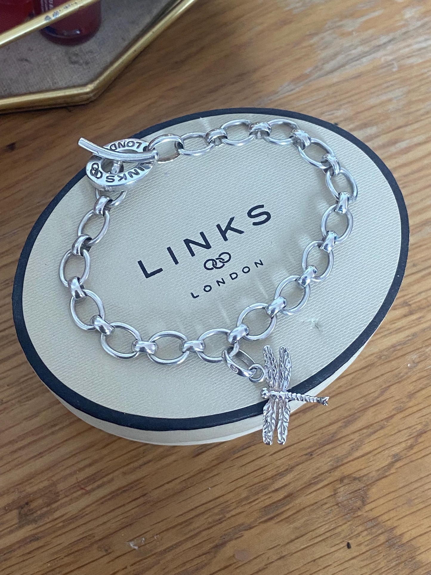 Rare Genuine LINKS OF LONDON Hallmarked Silver Toggle Logo Bracelet with dragonfly charm, 7.5” long