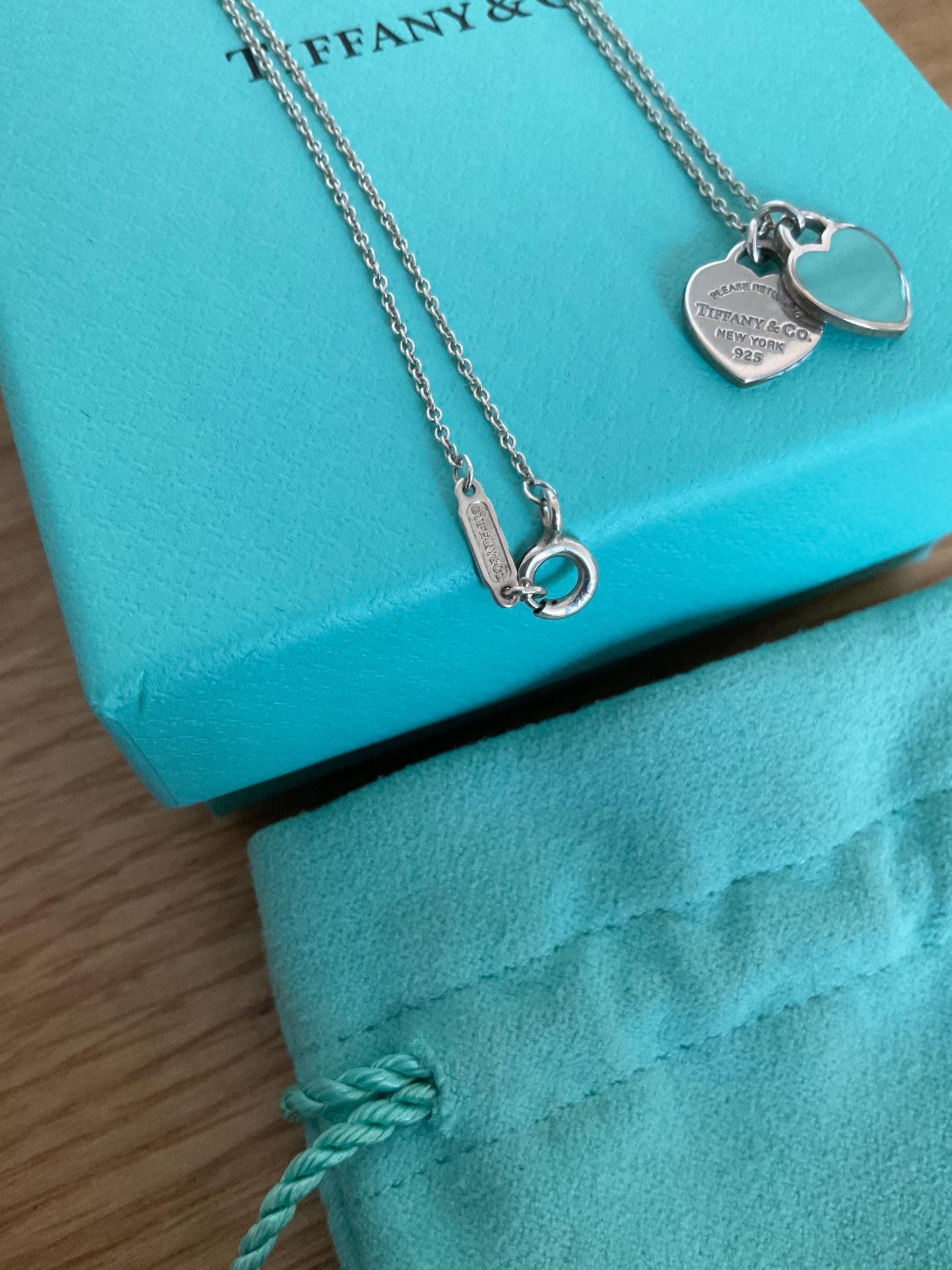 Genuine Tiffany and co double heart blue enamel necklace with box, sterling silver