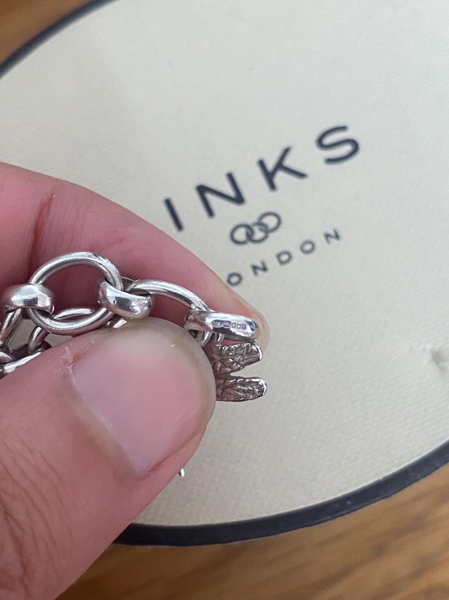 Rare Genuine LINKS OF LONDON Hallmarked Silver Toggle Logo Bracelet with dragonfly charm, 7.5” long