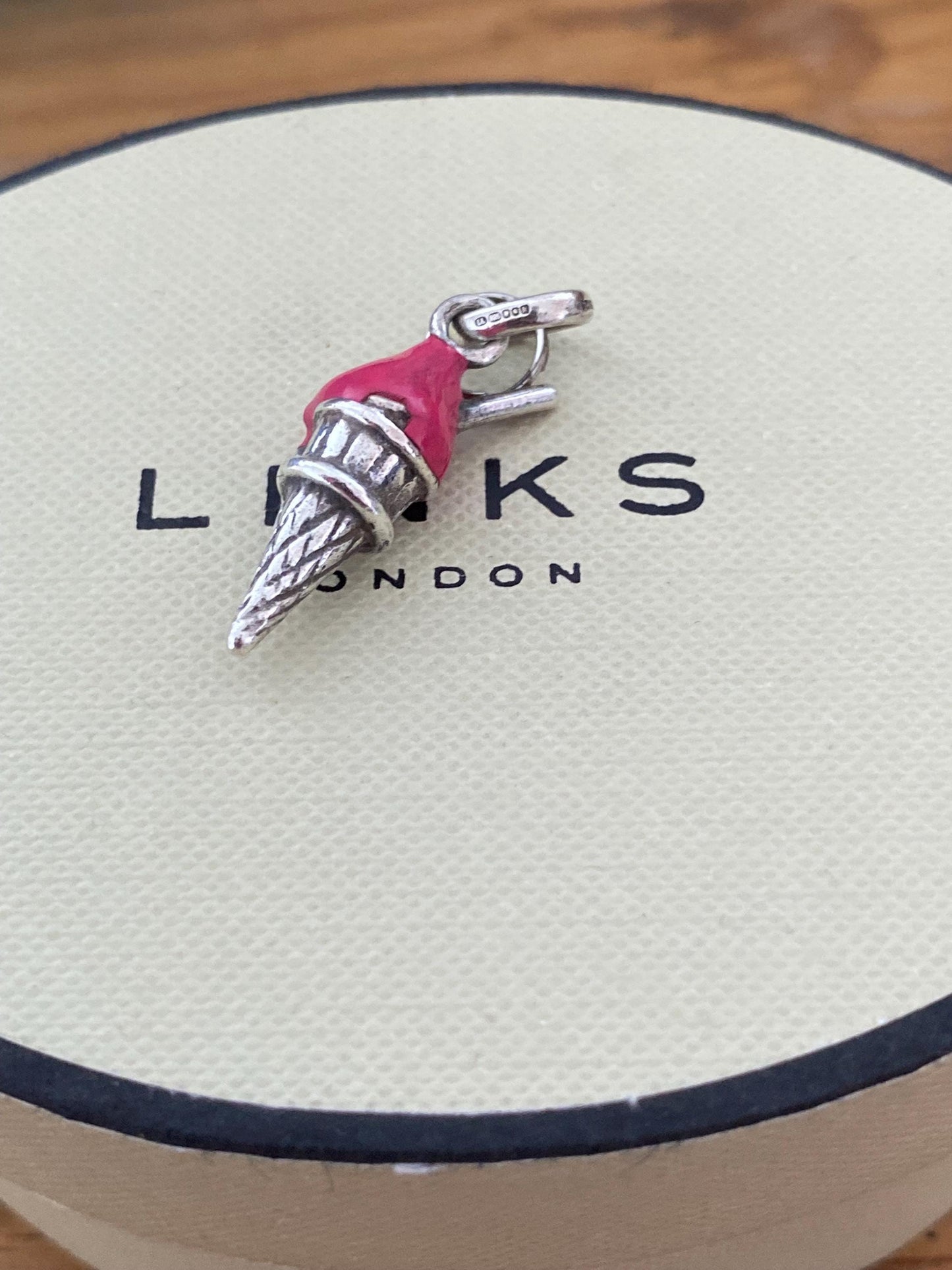 Beautiful genuine rare hallmarked Links of London sterling silver and pink enamel ice cream cone charm