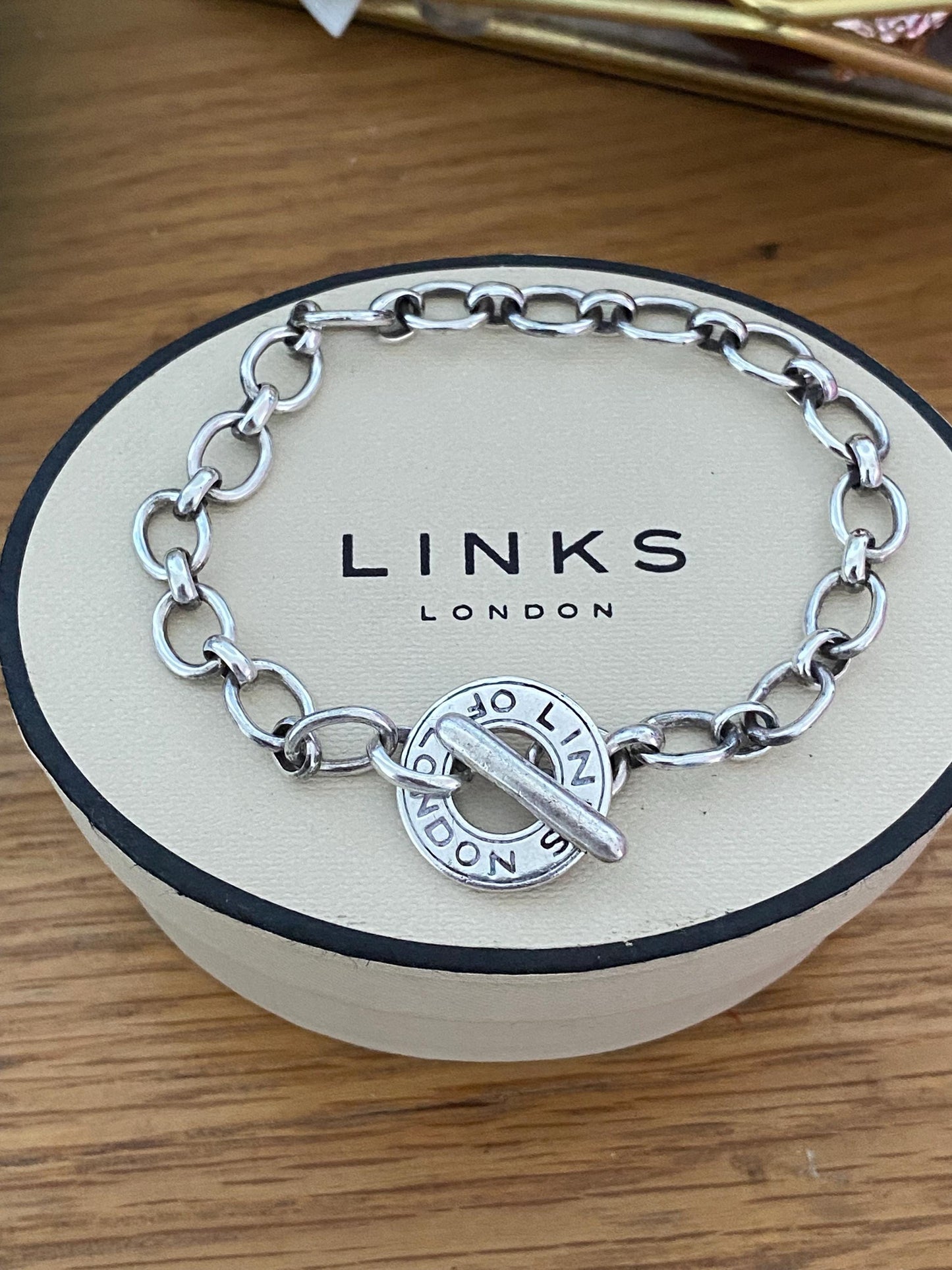 Rare Genuine LINKS OF LONDON Hallmarked Silver Toggle Logo Bracelet, 7.5 inches long, sterling silver