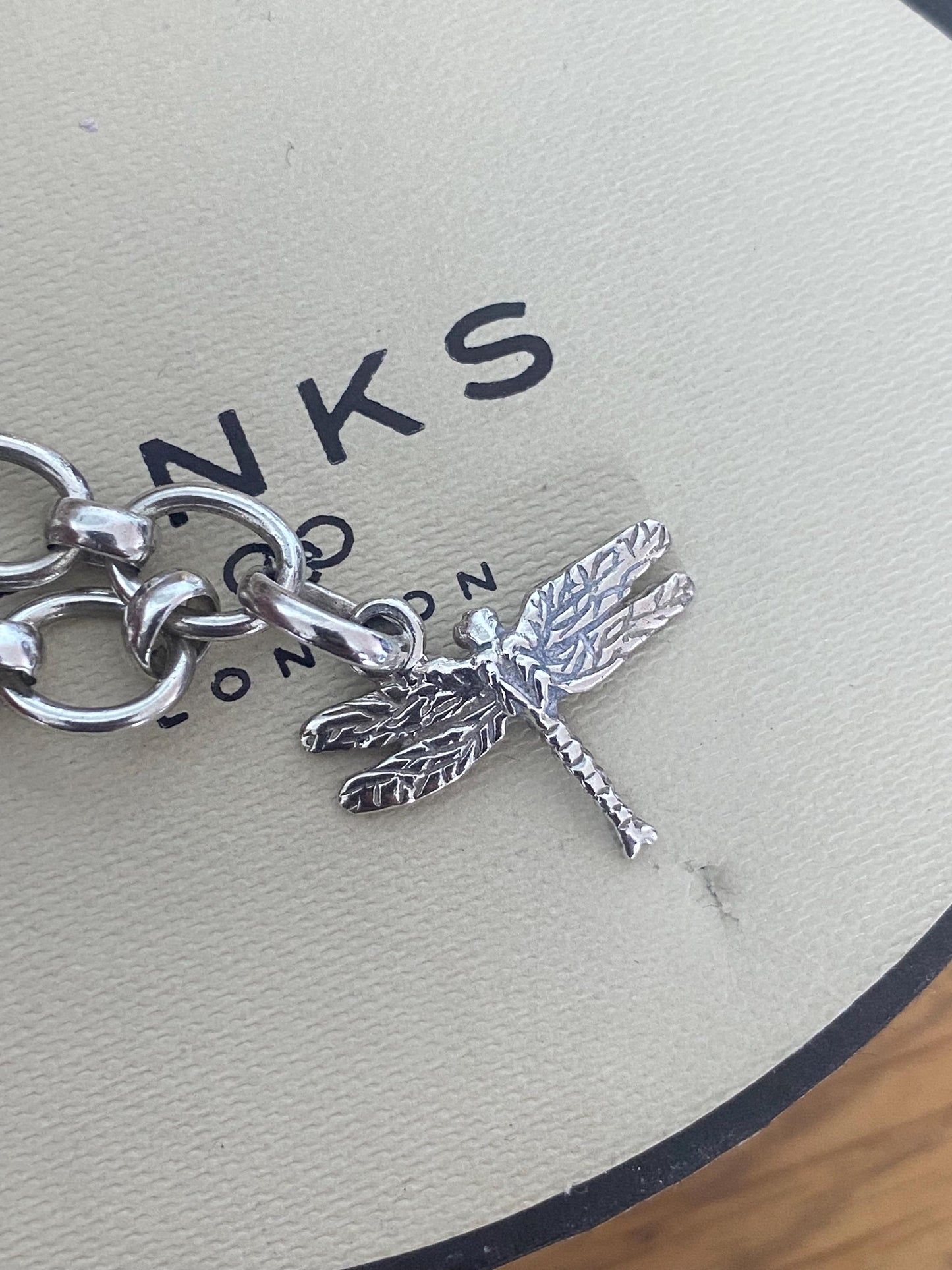 Rare Genuine LINKS OF LONDON Hallmarked Silver Toggle Logo Bracelet with dragonfly charm, 7.5” long