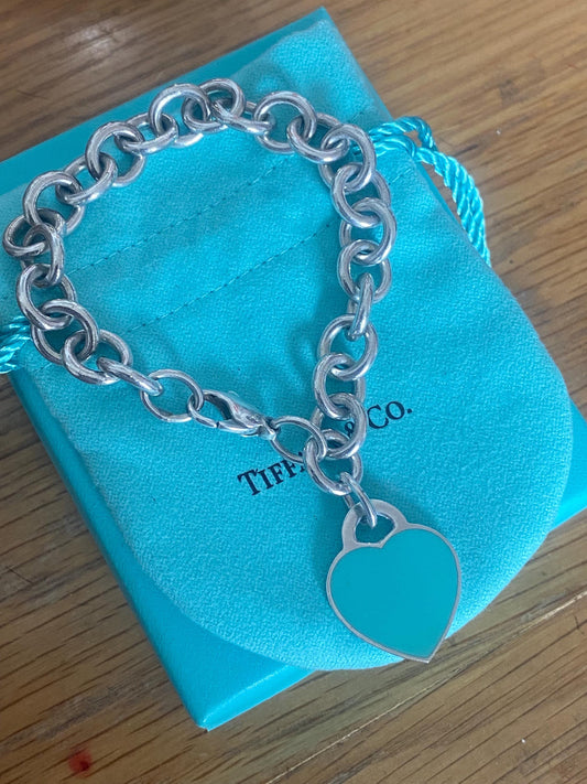 Genuine Return to Tiffany & Co. Blue Enamel Heart Tag Charm sterling Silver Bracelet, Assay Hallmarked!