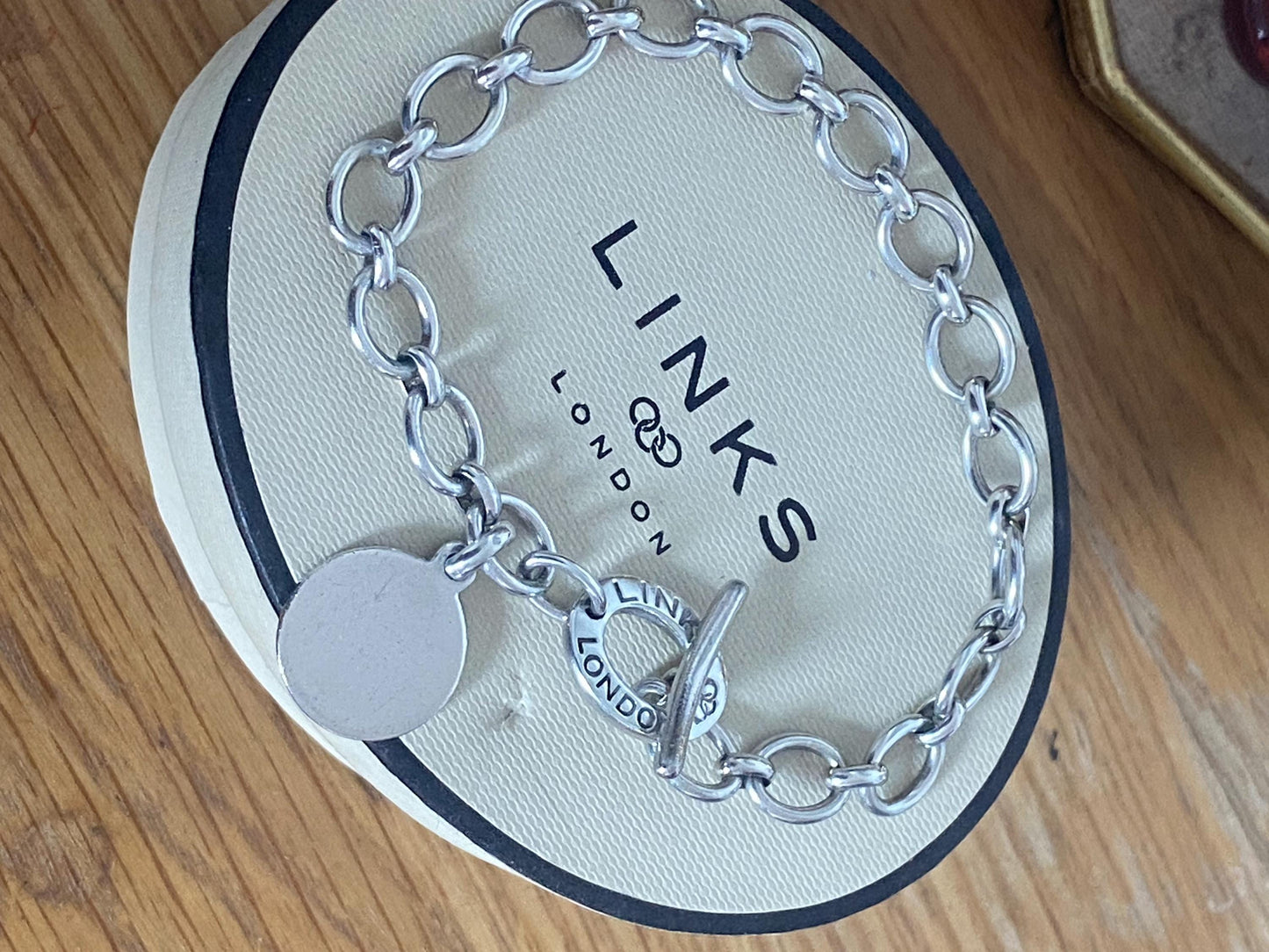 Rare Genuine LINKS OF LONDON Hallmarked Silver Toggle Logo Bracelet with disc charm, 8 inches long