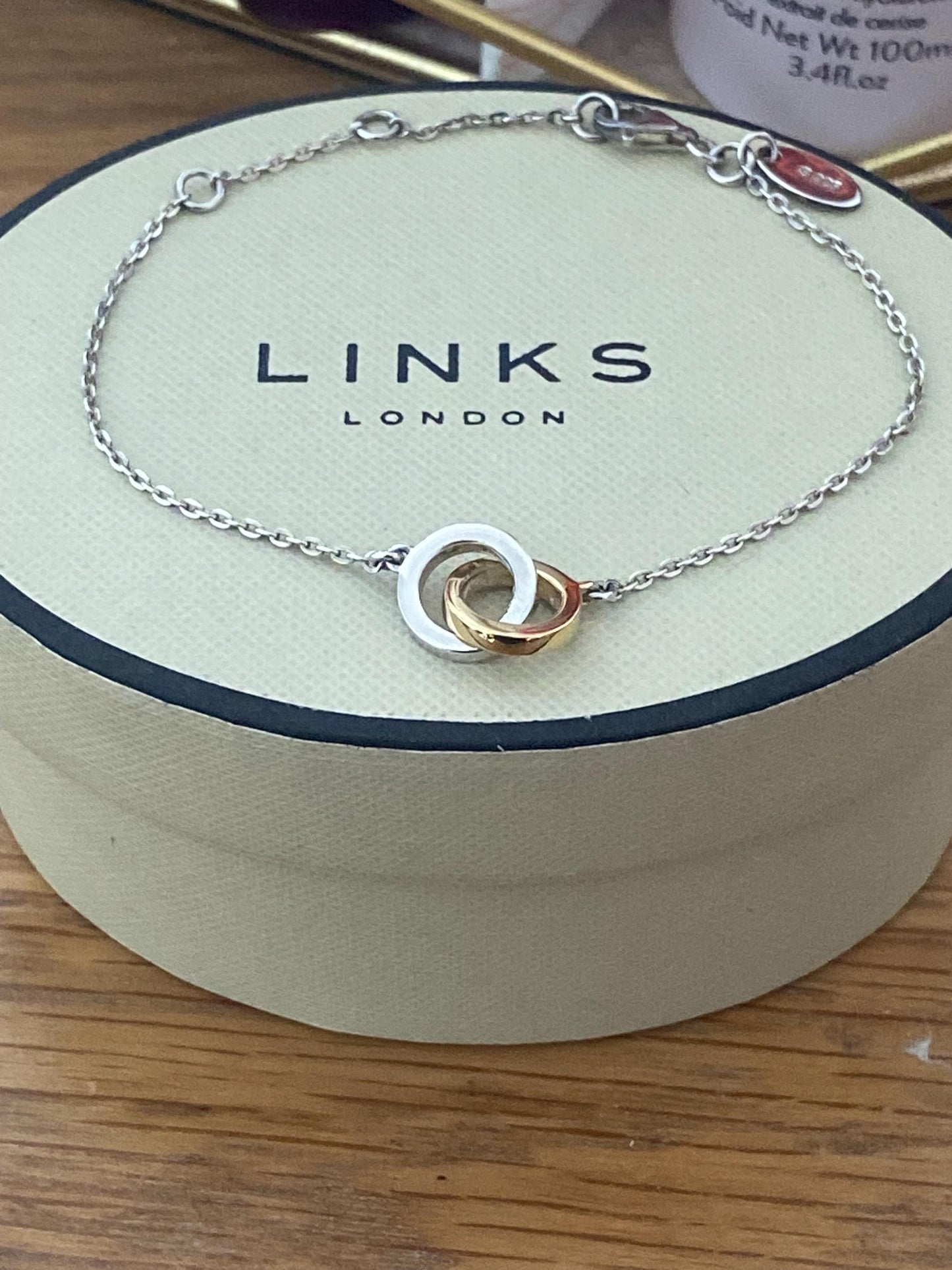 Gorgeous rare, vintage Links of London interlocking circles bracelet, sterling silver and 18ct gold vermeil, genuine