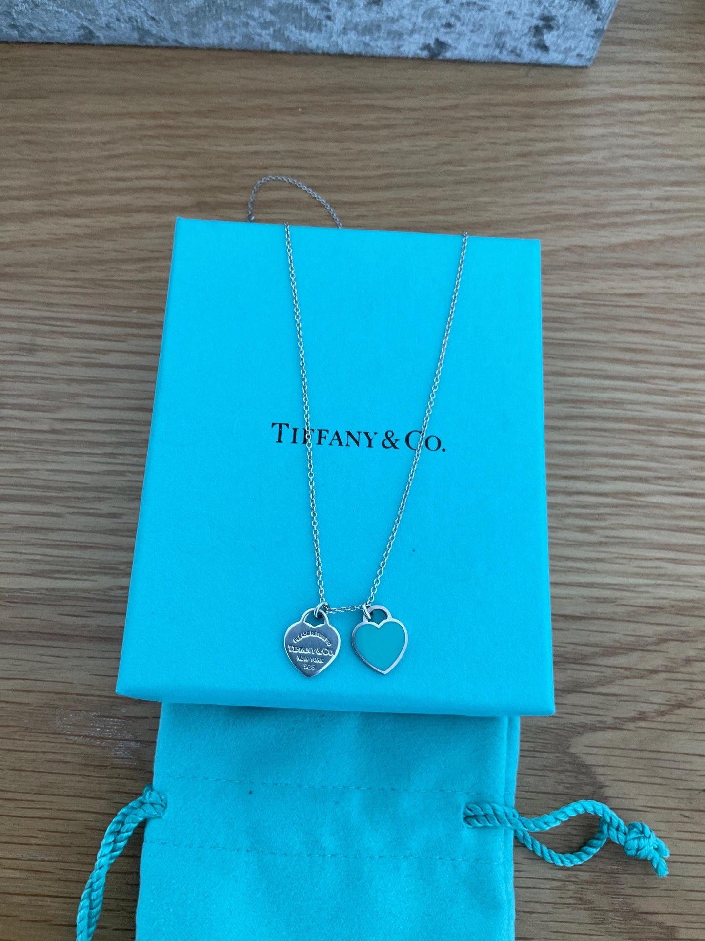 Genuine Tiffany and co double heart blue enamel necklace with box, sterling silver