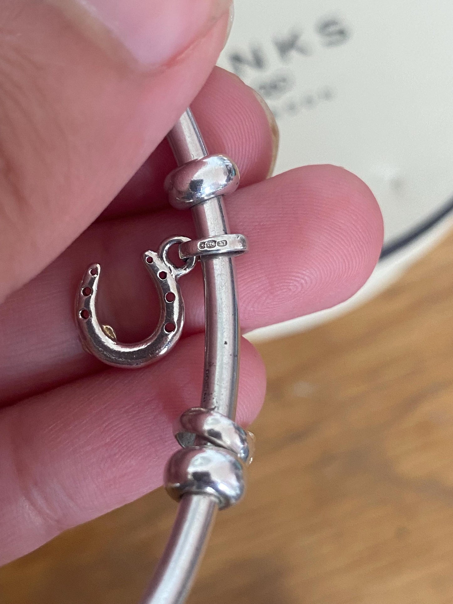 Genuine Links of London Sterling Silver Amulet Charm Cuff Bangle with two charms, Hallmarked, Medium Size, boxed