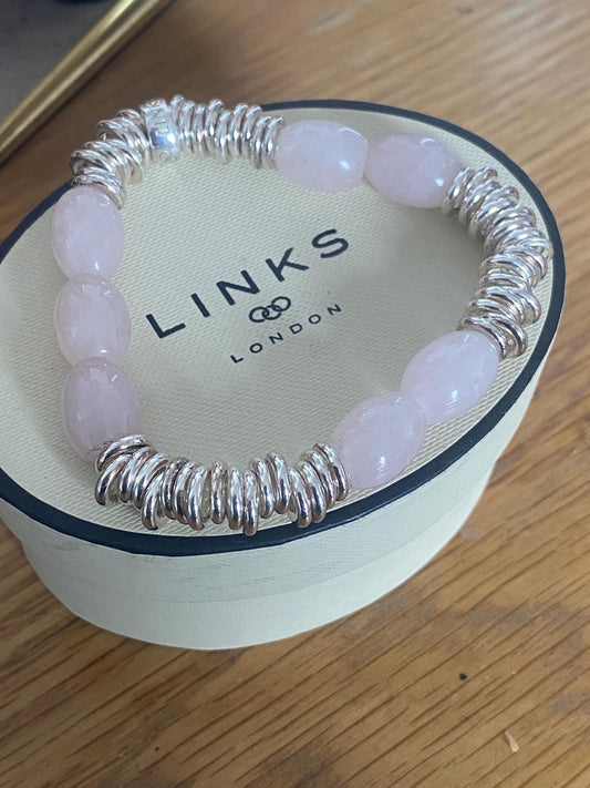 Beautiful Links of London sweetie bracelet with rose quartz beads, sterling silver, assay hallmarked