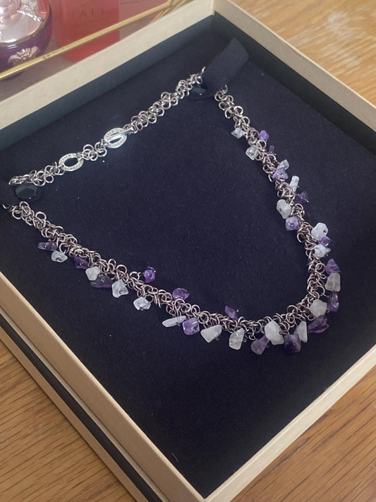 Beautiful vintage very rare links of London toggle necklace with clear and amethyst stones, sterling silver