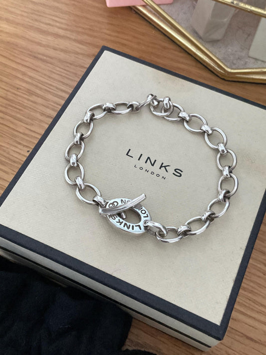 Rare Genuine LINKS OF LONDON Hallmarked Silver Toggle Logo Bracelet, 8 inches long
