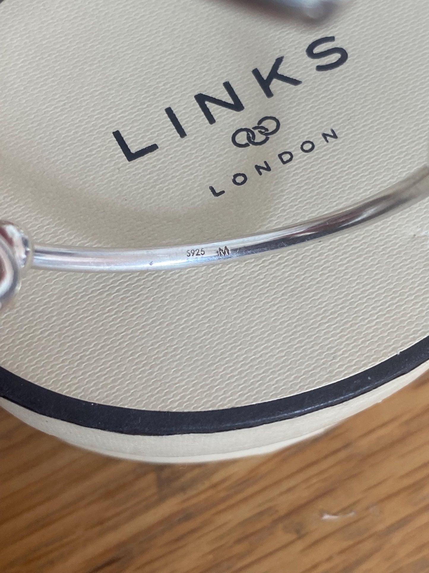 Genuine Links of London Sterling Silver Amulet Charm Cuff Bangle with two charms, Hallmarked, Medium Size, boxed