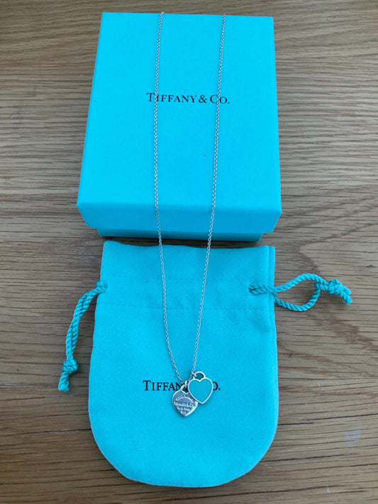 Genuine Tiffany and co double heart blue enamel necklace with box, sterling silver