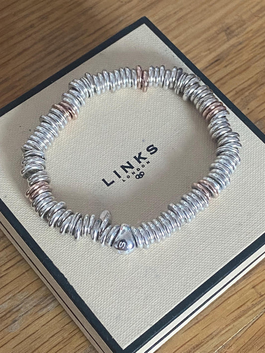 Lovely Links of London vintage rare sweetie bracelet, sterling silver and 18k rose gold vermeil, medium