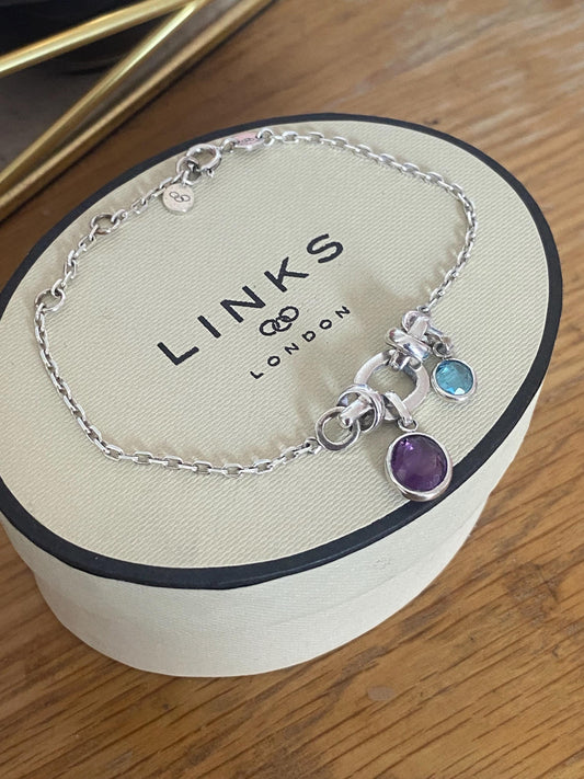 Rare vintage Genuine LINKS OF LONDON Hallmarked Silver anethyst and sapphire drop gem Bracelet With Box