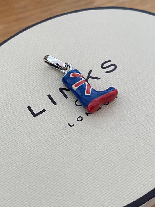 Beautiful Links of London welly boot with Union Jack enamel detailing charm, new conditon, sterling silver, very rare