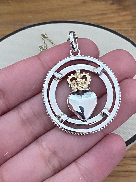 Links of London crown disc pendant necklace sterling silver and 18ct gold vermeil, large, RARE