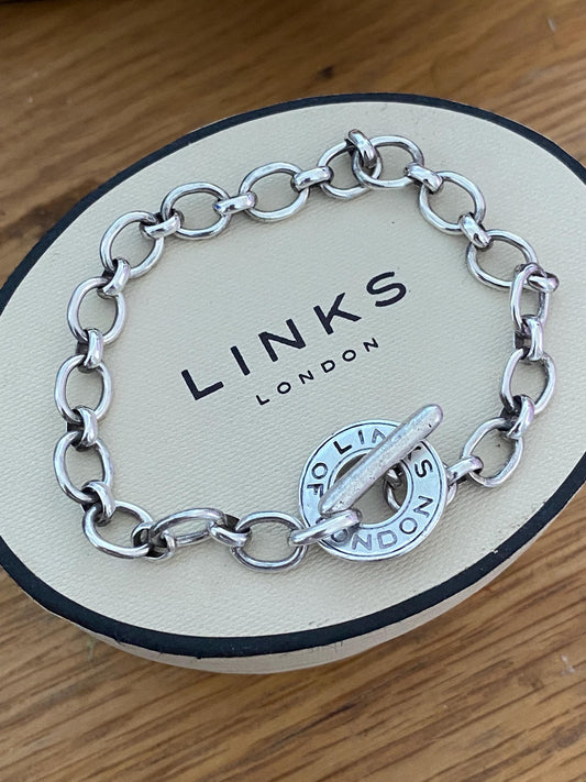 Rare Genuine LINKS OF LONDON Hallmarked Silver Toggle Logo Bracelet, 7.5 inches long, sterling silver