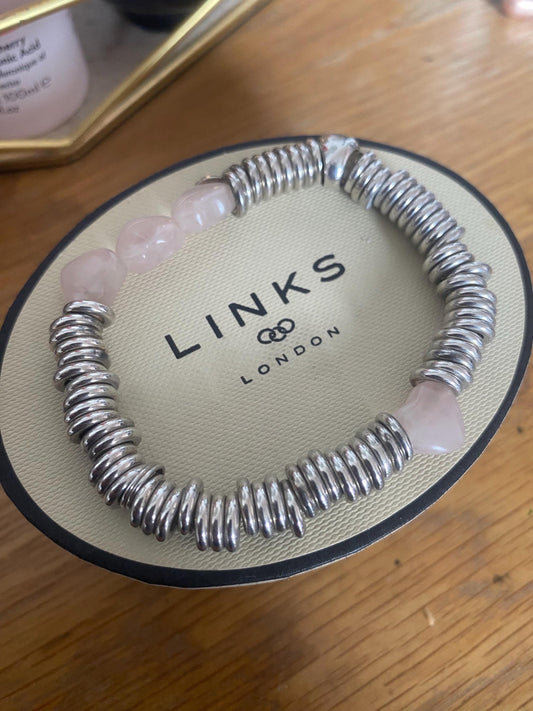 Beautiful Links of London sweetie bracelet with rose quartz hearts, sterling silver, assay hallmarked