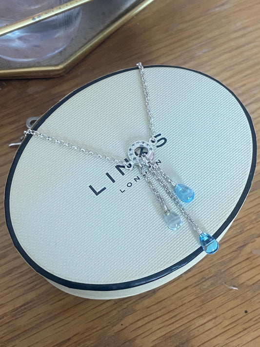 Absolutely gorgeous Links of London Blue Topaz Droplet, T bar Necklace, Sterling Silver, assay Hallmarked and in box