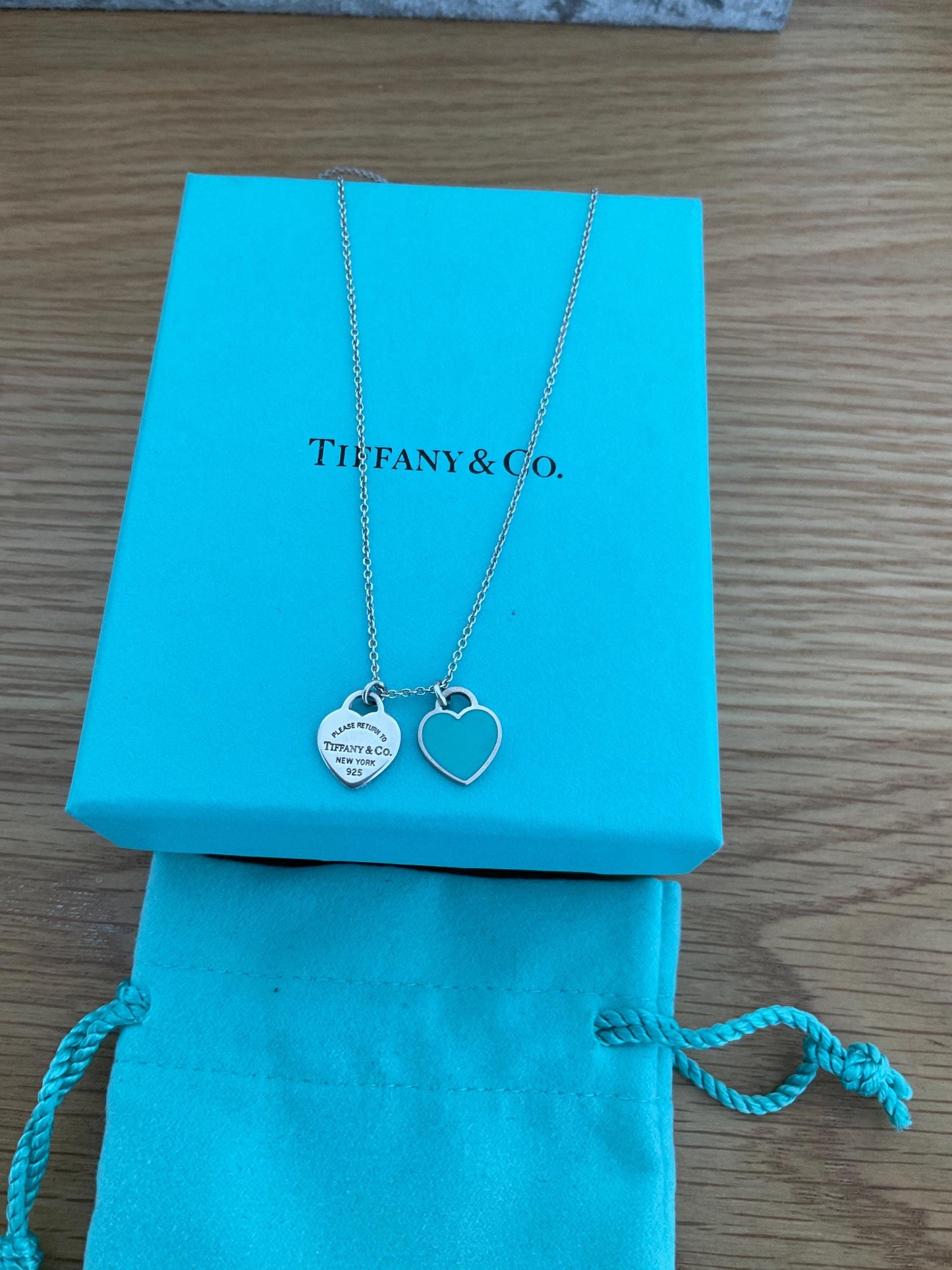 Genuine Tiffany and co double heart blue enamel necklace with box, sterling silver