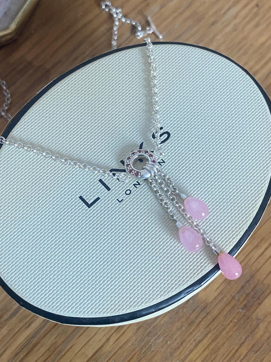 Very rare, gorgeous Links of London pink jade Droplet, T bar Necklace, Sterling Silver, assay Hallmarked and in box