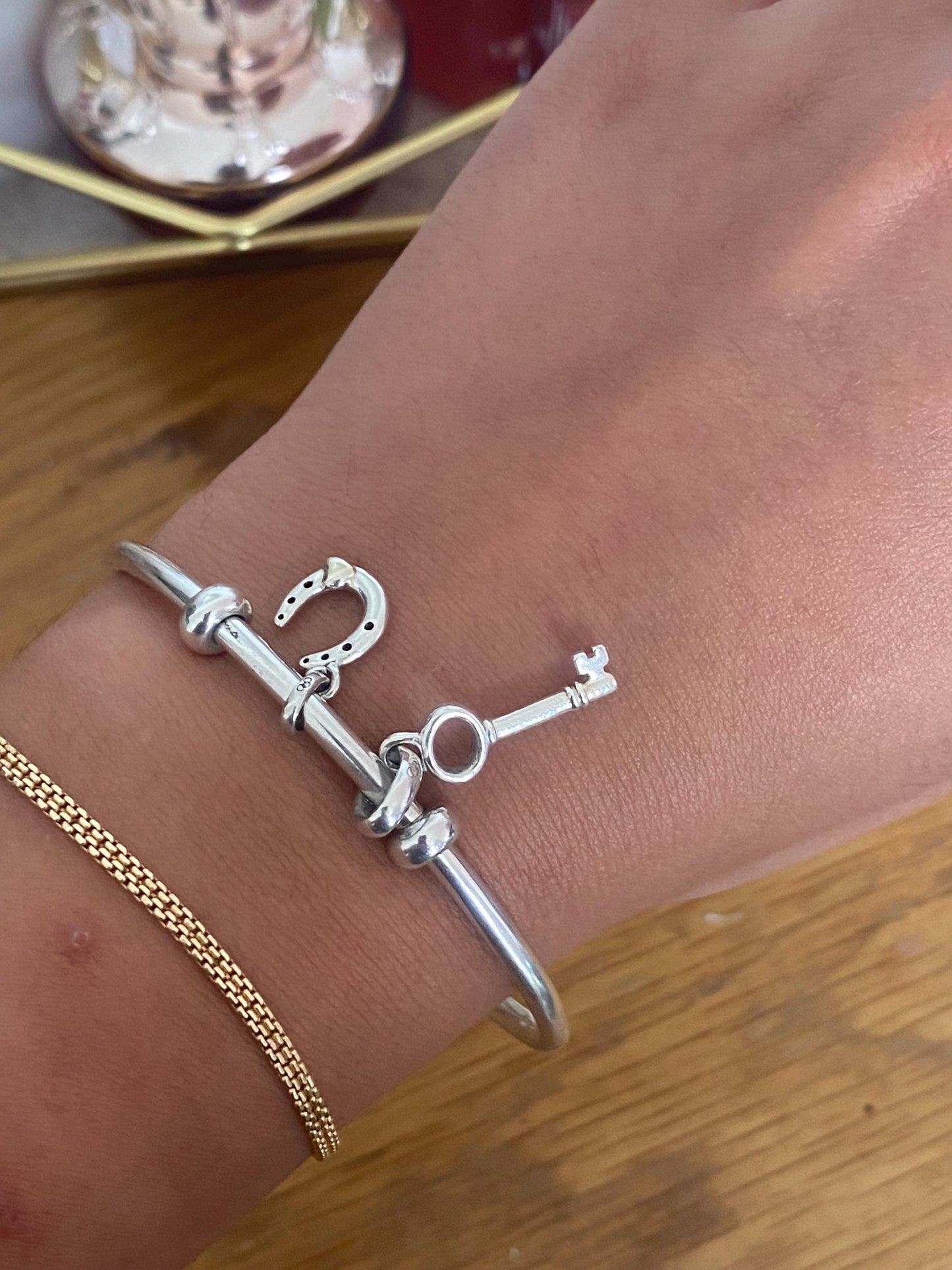 Genuine Links of London Sterling Silver Amulet Charm Cuff Bangle with two charms, Hallmarked, Medium Size, boxed