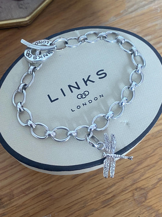 Rare Genuine LINKS OF LONDON Hallmarked Silver Toggle Logo Bracelet with dragonfly charm, 7.5” long