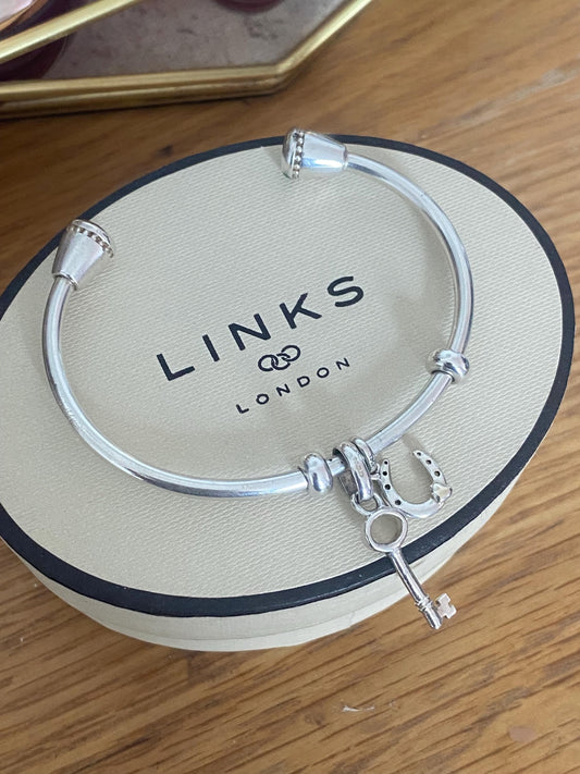 Genuine Links of London Sterling Silver Amulet Charm Cuff Bangle with two charms, Hallmarked, Medium Size, boxed