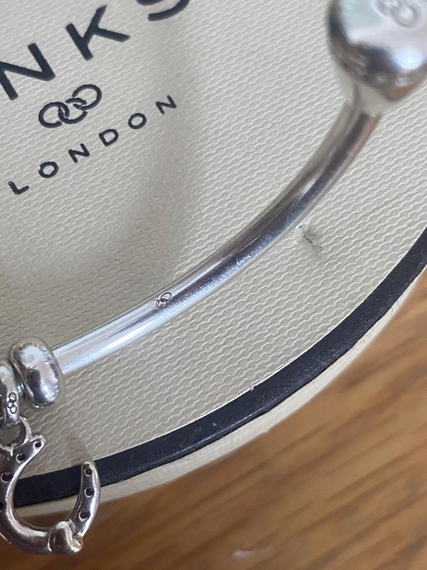 Genuine Links of London Sterling Silver Amulet Charm Cuff Bangle with two charms, Hallmarked, Medium Size, boxed